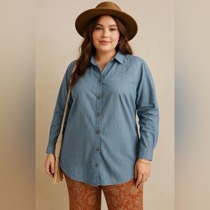 Jane and Delancey Women's Blue Button Down Blouse M 100% Cotton Long Sleeve Top